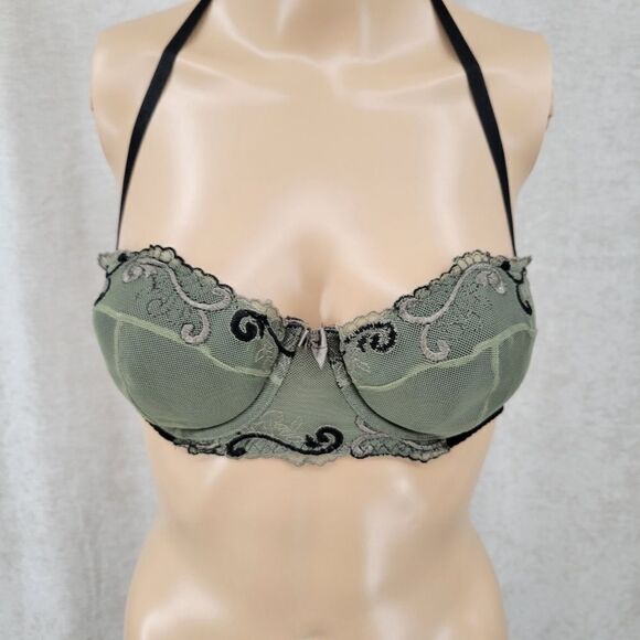 FREDERICK'S of Hollywood Green and Black Underwire Halter Bra Women's Medium Y2K - Picture 2 of 11